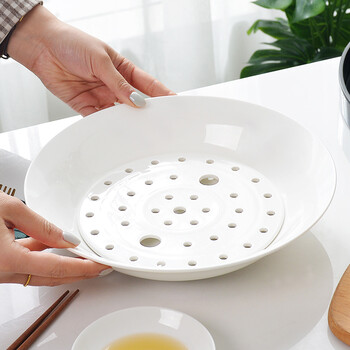 Guoyue bone china dumpling plate double-layer drained rice plate gold-rimmed dumpling plate household european large ceramic deep plate pure white drained dumpling plate (bone china) 26cm 2 pieces