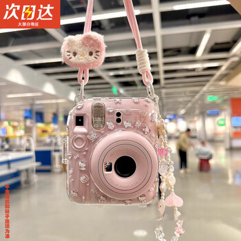 Suitable for fuji polaroid mini12 transparent crystal protective case, cute lanyard camera protective case, transparent case, cute stickers, acrylic lanyard hanging ornaments, pink and white short + small pink plush kt + stickers + mini12 case