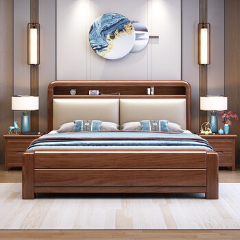Yangyi walnut solid wood bed modern minimalist master bedroom soft-packed bed new chinese style storage wedding bed furniture 505 bed