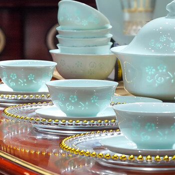 Ruxi underglaze color high-end celadon exquisite tableware set jingdezhen bowl household set chinese style housewarming gift bowl set underglaze color-chun yi linglong 8-person meal 48-piece set