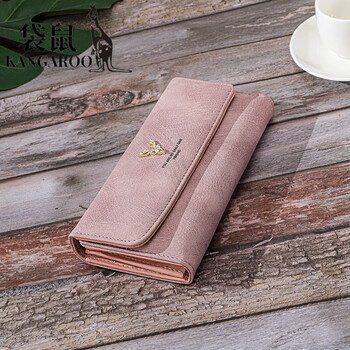 Kangaroo (kangaroo) long women's wallet frosted cover wallet soft leather wallet fashion retro large capacity clutch bag pink