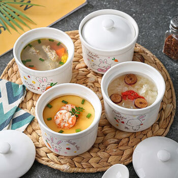 Soup cup set of four 4.5-inch ceramic stew pot with lid, water-proof stew pot, commercial hotel restaurant bird's nest dessert, qinqin rabbit style (stew pot and lid) 4.5 inches