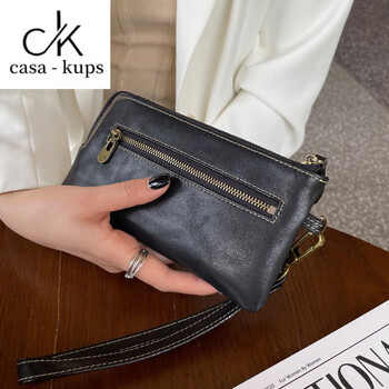 Casa-kupsck genuine leather wallet women's long large-capacity zipper retro simple first-layer cowhide wallet holds mobile phone bag hand bag black