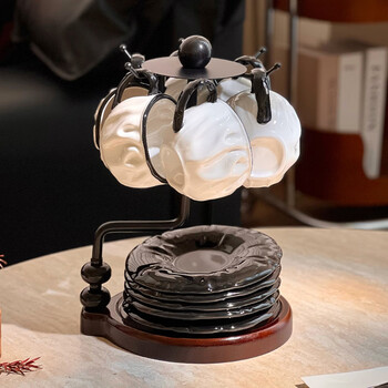 Zunmousi mid-century style ceramic water set, light luxury and high-end niche french retro coffee cup and saucer cup storage rack coffee cup and saucer black 6 cups 6 saucers one tray rack