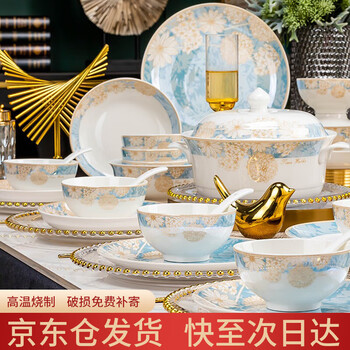 Haoya 68-head jingdezhen ceramic tableware and dishes set bowls, bowls, plates, spoons and chopsticks complete set housewarming time stroll