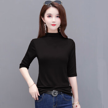 Yalu modal half turtleneck mid-sleeve t-shirt thin spring summer autumn top large size fat mm western style knitted half-sleeved bottoming shirt black - mid-sleeve m 80-95 catties