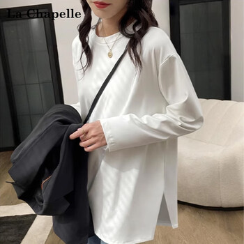 La chapelle high-quality cotton slit loose spring and autumn mid-length t-shirt for women that can be worn outside and inside with a long-sleeved bottoming shirt, white m