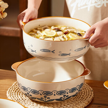 Qianye soup bowl large double-eared soup bowl household ceramic bowl with high appearance and open flame casserole anti-scalding soup basin bowl boiled fish 10.5-inch double-eared soup bowl gudu fish 1 piece