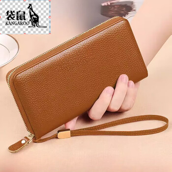 Kangaroo luxury wallet women's long ladies mobile phone bag 2025 chinese valentine's day large capacity wallet cowhide zipper genuine leather hand holder brown - single zipper anti-theft brush