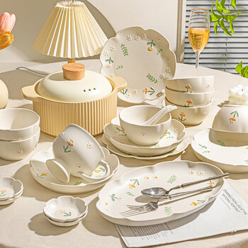 Modern housewife daisy tableware 2025 new underglaze color high-looking housewarming new year wedding gift plate chopsticks and bowls set home gift box 4 people food 18 pieces with soup bowl housewarming warm house content of the set see specification chart