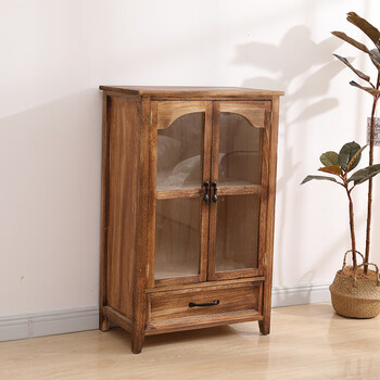 Huili's american solid wood wine cabinet, multifunctional bookcase, living room wall-mounted retro storage cabinet, large-capacity storage cabinet, light-burning, two doors and one drawer, no installation required