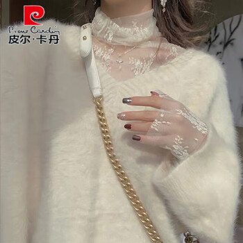 Pierre cardin 2025 new t-shirt fairy mesh long sleeve top super fairy high neck lace bottoming top for women spring and autumn style inner style white s 85-95 jin