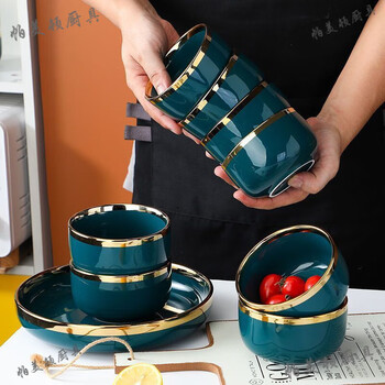 Palmerton nordic emerald tableware gold-rimmed ceramic bowl and plate set flavor plate eating bowl fish plate soup plate combination set 4.5-inch eating bowl 2 pieces emerald 1 head