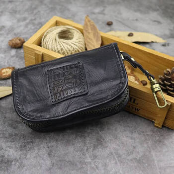 Goyn genuine leather key bag for men and women, first-layer vegetable tanned cowhide, retro coin purse, zipper waist hanging, multi-functional storage bag, card holder, black