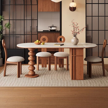 Vanhost french retro travertine slate dining table oval foldable storage solid wood retractable island dining table and chairs combination 1.8 meters dining table (ino slate) + dining chairs *4