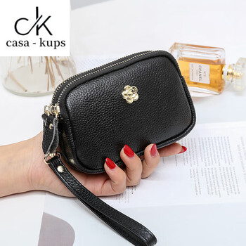 Casa-kupsck genuine leather hand wallet women's first layer cowhide coin purse women's bag mini thickened large capacity bag classic black