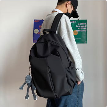 Lugeli schoolbag male college student ins trendy and cool simple large capacity backpack female junior high school student high school student travel bag backpack ins solid color schoolbag black + frog pendant