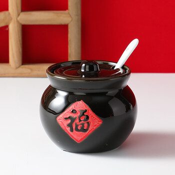 Retro ceramic seasoning jar, seasoning cup, soup cup, stew pot, earthenware jar, simmering soup, earthenware jar, oil, salt, msg, sugar, seasoning box with lid, blessing character soup cup, small black, with spoon