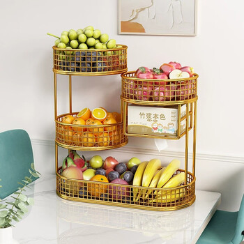 Lin's boy fruit plate, fruit plate for living room and coffee shop, multi-layer snack display plate, light luxury high-end exquisite fruit basket storage basket, four-layer large fruit rack with tissue box-gold
