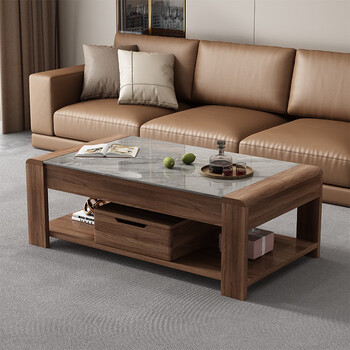 Mu jinning slate coffee table living room home rental small apartment 2025 new solid wood light luxury high-end small coffee table slate coffee table 1.2 meters walnut color self-installation
