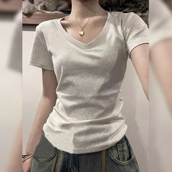 Banfishi american college style right shoulder short-sleeved t-shirt for women summer basic slim fit dopamine bottoming top for women light gray-v collar m recommended 85-100 pounds