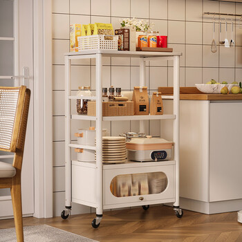 Wawj kitchen multi-functional storage rack multi-layer microwave condiment cutting board storage rack cupboard floor-standing movable wall-mounted white 4 layers 60 long (carbon steel material doubles the load-bearing capacity)
