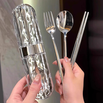 Chinese style student chopsticks and spoon set, food-grade stainless steel portable tableware, high-looking three-piece tableware set for one person, food-grade chopsticks and spoon box/three-piece set