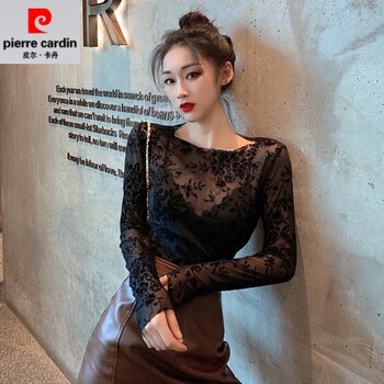 Pierre cardin black bottoming shirt for women spring mesh lace tight unique sexy long-sleeved t-shirt inner top 2025 new black one size