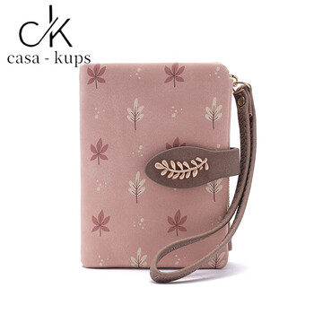 Casa-kupsck korean style small fresh leaf print short women's wallet hand strap multi-card slot student coin purse frosted pink