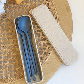 Magic beans shenghuo korean style ins morandi color wheat straw knife, fork, spoon and chopsticks portable tableware set for students and office workers, starry sky blue, food grade material, knife + fork + spoon + chopsticks + box 4 sets