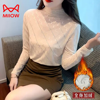 Miiow half turtleneck lace bottoming shirt for women, spring, autumn and winter, mesh, slim, fashionable, fashionable, velvet, long-sleeved t-shirt, inner top, apricot velvet, m 95-105 catties