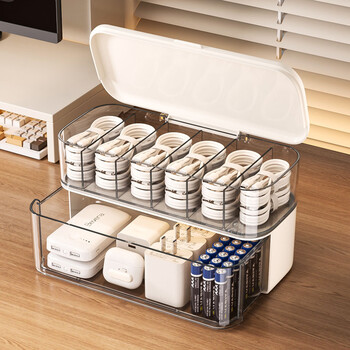 Kaman data cable charger storage box household multi-functional large-capacity dust-proof desktop organizer cable management box white double layer/large capacity 1