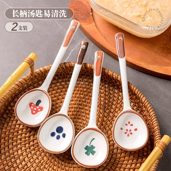 Zigman ceramic soup spoon, japanese style eating spoon, long handle cartoon dessert spoon, high-looking long handle spoon, 2 pack