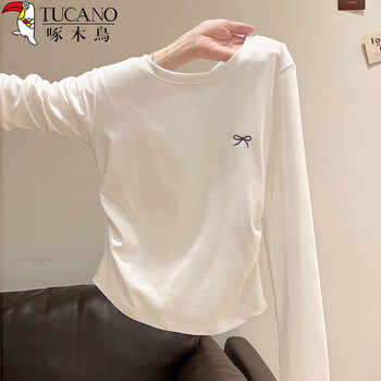 Woodpecker right shoulder long sleeve t-shirt women's round neck bow embroidery autumn new pleated waist bottoming top white m