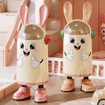 Zhai huanhuan trash can for home living room, high-looking cartoon, cute flip-top paper basket, creative kitchen large-capacity sanitary bucket with lid, standing style, light pink, smiling face and long ears