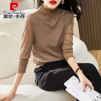 Pierre cardin lace bottoming shirt for women in autumn 2025 new fashionable style half turtleneck long-sleeved mesh inner bottoming top coffee color double layer with lining m (80kg-95kg)