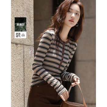 Demana breathing lyocell autumn retro casual korean style round neck striped button slim slim slightly elastic women's t-shirt