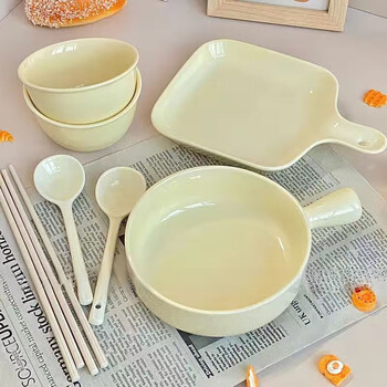 Bowl, chopsticks, milk fufu ceramic bowl, girl's heart, hand-held bowl and spoon for one person, underglaze color baked rice bowl, cream color tableware, cream yellow healing tableware, high quality underglaze color ceramic, 1 spoon