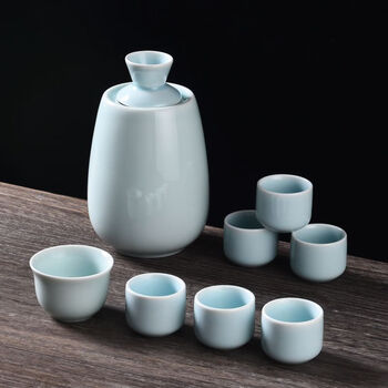 Waist-tightened beer mug, hot pot and wine set, warm pot, household ceramic wine pot, yellow wine warmer, white wine, round style (pink green), 6 cups, simple packaging