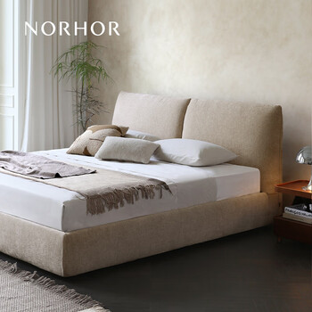 Norhor nordic expression medieval retro cream style fabric soft bag high backrest/toast edge suspended double bed master bedroom g ready stock floor model/oatmeal color 1800mm*2000mm