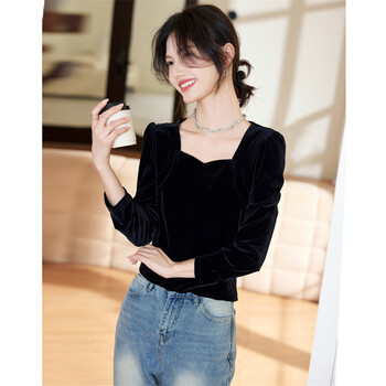 Shangjing french hepburn style velvet top autumn fashion temperament elegant square neck long-sleeved bottoming shirt for women