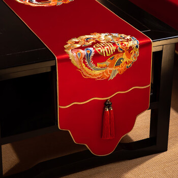 Yiboqiantang chinese wedding table flag waterproof red with happy words engagement wedding tablecloth decoration festive tea tablecloth happy event tablecloth dragon and phoenix chengxiang high precision/waterproof model 34*240cm (suitable for table length 1.7-1.8 meters)