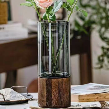 Qiao shizi's simple nordic style transparent vase, light luxury straight glass vase, water-nurturing rich bamboo lily flower vase ornaments, straight wooden holder (excluding flowers) 25* 12cm