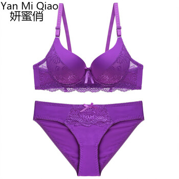 Yanmi qiao european and american sexy lace bra set push-up women's underwear, breast-retracting adjustable push-up bra, purple 80b