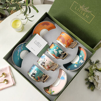 Lesheng liisem mowu huayun coffee cup and saucer gift box set 4 cups national trend afternoon tea cup wedding gift housewarming