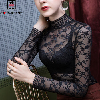 Aemape lace bottoming top women's slim thin sexy top 2025 new spring autumn and winter stretch temperament top black regular l 100-110