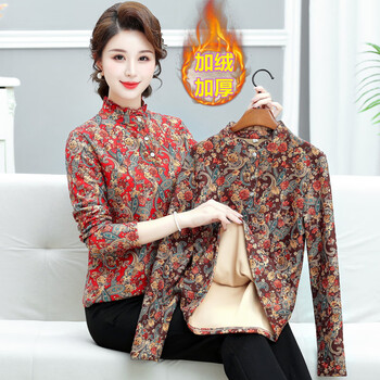 Yu zhaolin's new velvet warm long-sleeved bottoming shirt, casual and versatile, middle-aged and elderly mothers' autumn and winter thickened t-shirt inner wear for women, red flower xl, recommended 90-110 pounds