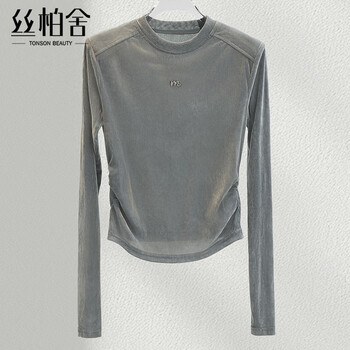 Sibaishe round neck bottoming shirt 2026 spring new women's commuter long-sleeved slim pinch pleat pullover temperament top light gray s