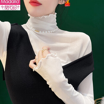 Modal lace bottoming shirt for women 2025 autumn and winter new style sweater with mesh top and velvet ear-trimmed turtleneck top spring white l
