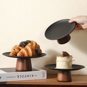 Punol black tall cake plate tea tray coffee table snack display plate stainless steel fruit plate snack candy plate dessert plate large acacia wood tall cake plate